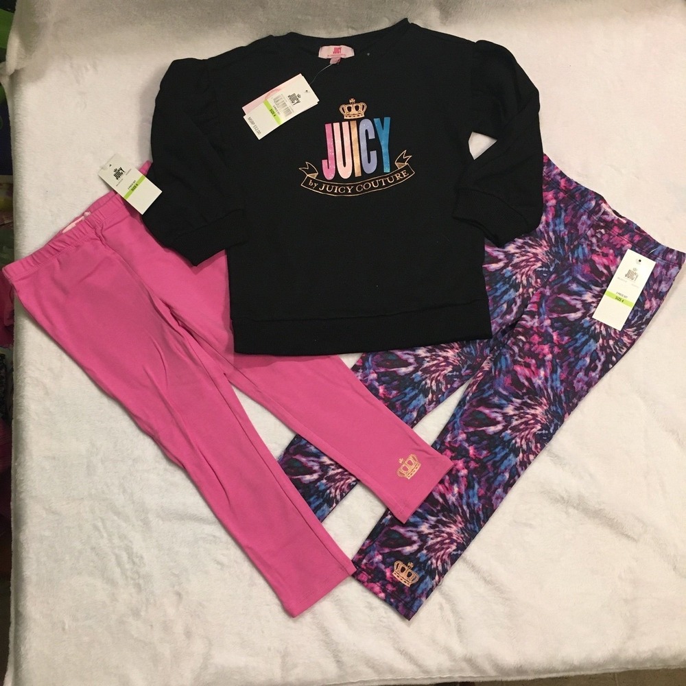 Juicy Couture 3 Piece Set Girls Size 4 Black Pink Tie Dye NWT Sweatshirt Legging